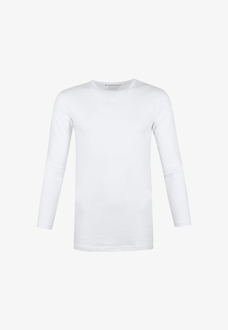 Weißes Langarm-T-Shirt aus weichem Baumwollstoff, mit Rundhalsausschnitt und schmalen Ärmeln sowie einem glatten, flachen Saum.