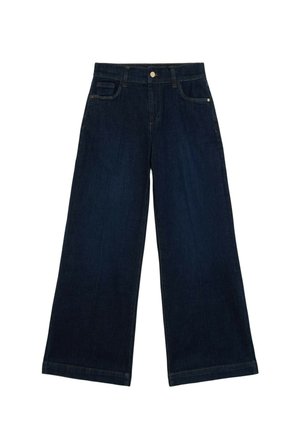 Jeans in denim blu scuro a gamba larga con tasche frontali, passanti per cintura e chiusura con bottone in vita.