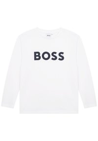 Bijela majica dugih rukava od pamuka s okruglim izrezom i podebljanim crnim logotipom "BOSS" otisnutim na prednjem dijelu. Jednostavan dizajn, bez dodatnih uzoraka.