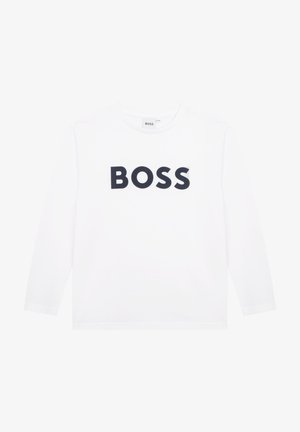 Bijela majica dugih rukava od pamuka s okruglim izrezom i podebljanim crnim logotipom "BOSS" otisnutim na prednjem dijelu. Jednostavan dizajn, bez dodatnih uzoraka.