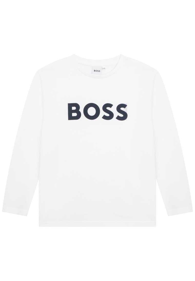Bijela majica dugih rukava od pamuka s okruglim izrezom i podebljanim crnim logotipom "BOSS" otisnutim na prednjem dijelu. Jednostavan dizajn, bez dodatnih uzoraka.