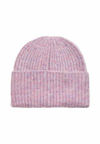 Gorro de punto en tonos suaves de rosa y lavanda, con un patrón de canalé y puño doblado, hecho de una mezcla de lana texturada.