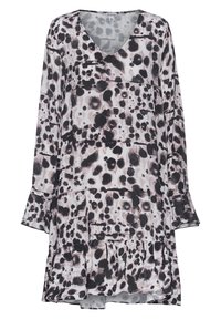 Långärmad klänning med V-ringning i svart och grått abstract prickigt mönster och volangkant i mjukt tyg.