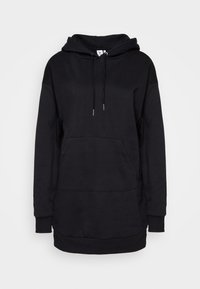 Schwarzer Kapuzenpullover aus weichem Material. Mit Kängurutasche, Kordelzugkapuze und Rippbündchen ausgestattet. Schlichtes, oversized Design.