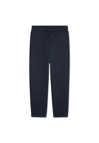 Marine blauwe quilted broek met een elastische tailleband, voorzien van een diamanten patroon en taps toelopende pijpen bij de enkels. Zachte stoftextuur.