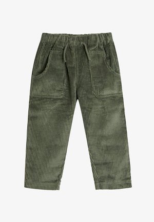 Maslinasto zelene ženske hlače od kordura s elastičnim pojasom, prednjim vezicom i dva velika prednja džepa.