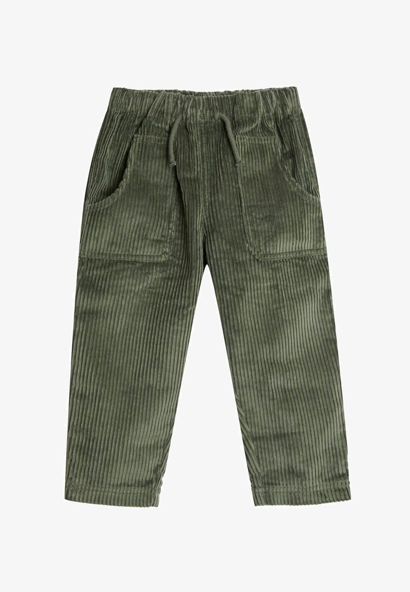 Olivgrüne Cordhose mit elastischem Bund, verstellbarem Kordelzug und zwei großen Vordertaschen.