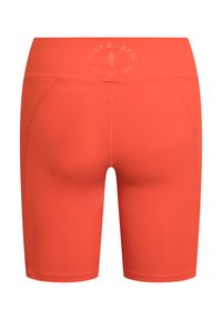 Leuchtend orangefarbene, hoch taillierte Radhosen mit dezentem Gold's Gym-Logo auf dem hinteren Bund und Flachnähte.