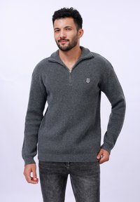 Grauer gestrickter Pullover mit einem halben Reißverschluss-Kragen, geripptem Textur und einem kleinen Logo auf der Brust, kombiniert mit dunklen Jeans. Neutraler Hintergrund.