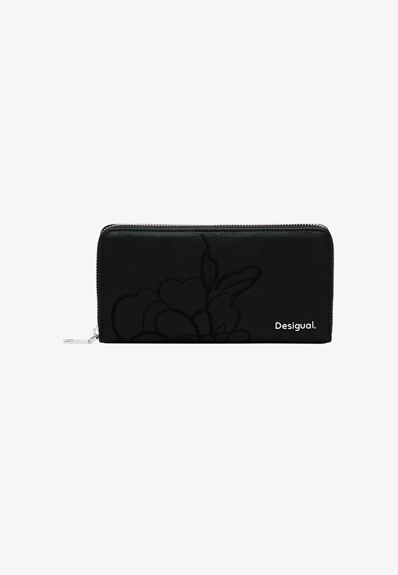 Portefeuille zippé noir avec un design floral texturé, en cuir et un détail de logo en argent. Forme rectangulaire compacte.