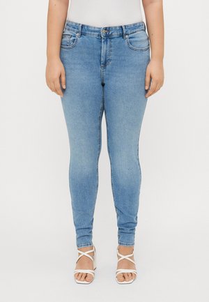Light blue, fitted jeans with a classic five-pocket design, button and zipper closure, and slight stretch for comfort.