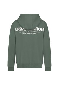 Dunkelgrüner Hoodie mit einer vorderen Kängurutasche, gerippten Bündchen und einem großen weißen grafischen Textdesign auf der Rückseite. Aus weichem Baumwollmaterial.