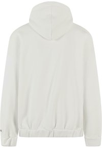 Sweatshirt à capuche blanche avec une coupe décontractée, ourlet et poignets côtelés. Texture lisse avec un design simple, sans motifs ni logos visibles.
