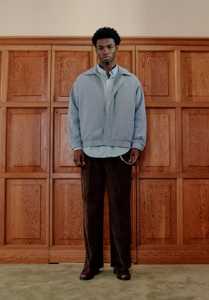 Hombre de pie frente a un panel de madera, vistiendo una chaqueta azul clara, camisa azul clara, pantalones marrón oscuro y zapatos marrón oscuro.