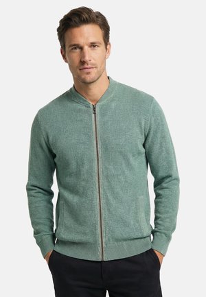 Mann trägt einen hellgrünen Reißverschluss-Pullover mit Händen in den Taschen, steht vor einem schlichten weißen Hintergrund.