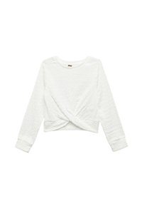 Hvid langærmet top med tekstureret stof, der har en front twist-detalje og ribbede manchetter. Rundet halsudskæring, cropped design.