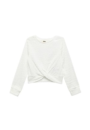 Biała bluzka z długim rękawem, wykonana z teksturowanej tkaniny, z przodem w formie skrętu oraz żebrowanymi mankietami. Okrągły dekolt, krótki fason.