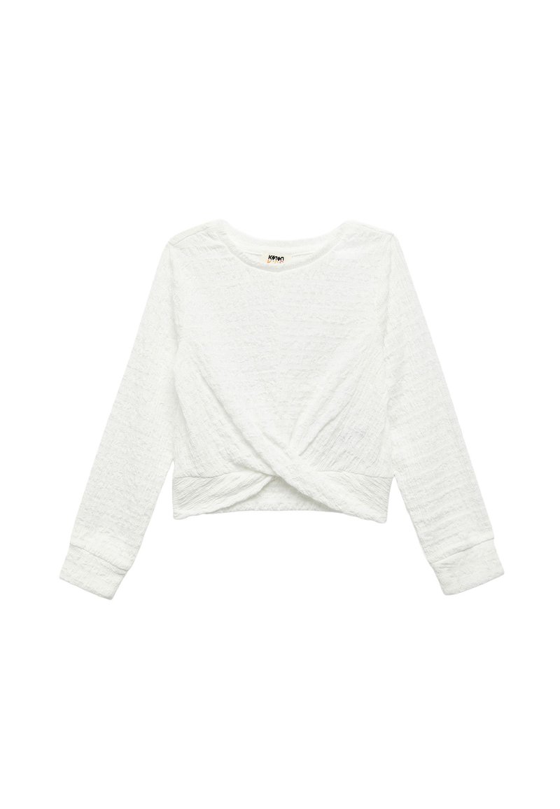 Hvid langærmet top med tekstureret stof, der har en front twist-detalje og ribbede manchetter. Rundet halsudskæring, cropped design.