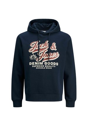 Navy-Hoodie aus Baumwolle, mit Kängurutasche, Kapuze mit Kordelzug und vornem Grafiktext in Weiß und Rot. Weicher Stoff.