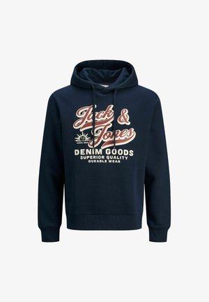 Tumesinine pusak, mis on valmistatud puuvillast, millel on känguru tasku, reguleeritav kapuuts ja eespool valge ja punase graafikatekstiga. Pehme tekstuur.