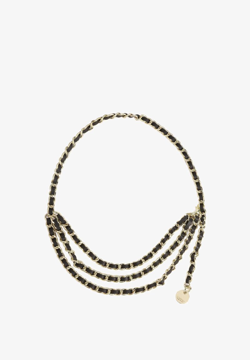 Gold-tone chain necklace featuring three layers with black accents and a small pendant. The design is interlinked with smooth textures.