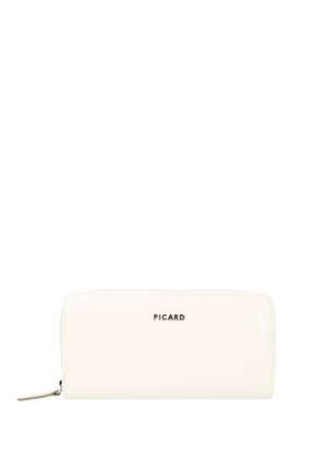 Weißes rechteckiges Rundum-Reißverschluss-Portemonnaie mit silbernem "PICARD"-Logo mittig vorne und einem Reißverschluss-Zipper auf der linken Seite.
