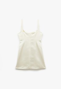 Cremfarbendes, ärmelloses Kleid mit quadratischem Ausschnitt, aus glattem Stoff. Verfügt über einen geraden Schnitt und einen verdeckten Reißverschluss auf der Rückseite.