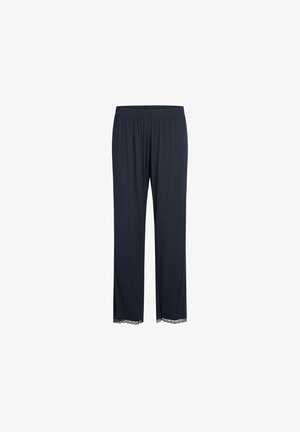 Navy blue pajama pants made of soft fabric, featuring a loose fit and elastic waistband with lace trim at the hem.