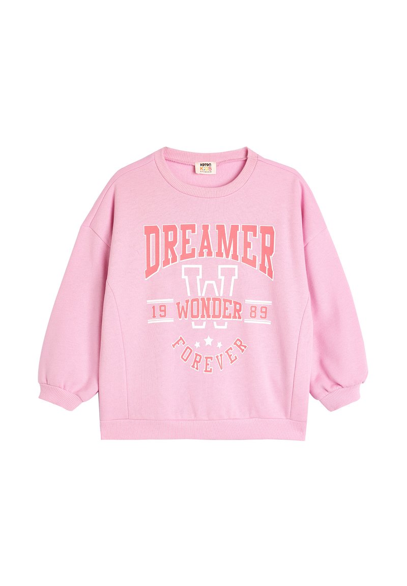 Felpa rosa con scollo rotondo, maniche lunghe gonfie e orlo a costine. Presenta la scritta "DREAMER", "W" e "WONDER FOREVER" stampate in colori a contrasto.