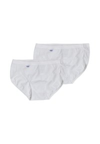 Slip in cotone bianco, caratterizzati da un design semplice senza motivi, una vita elastica e un piccolo cartellino sul davanti per l'identificazione del marchio.