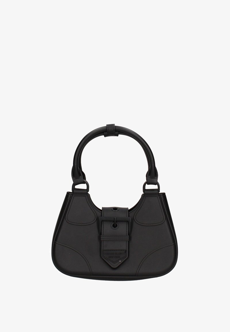Sac à main en cuir noir avec une poignée arrondie, un corps large et un détail de fermeture à l'avant. Présente une texture lisse et un design minimaliste.