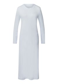 Abito a maniche lunghe di colore azzurro, realizzato in tessuto morbido. Presenta una scollatura rotonda e una tasca laterale con un delicato dettaglio di cucitura.