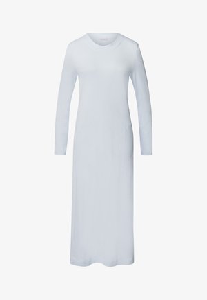 Langdurige mouw, lichtblauwe jurk van zachte stof. Heeft een ronde halslijn en een zijzak met een subtiele stikseldetail.