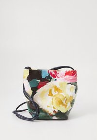 Borsa a secchiello floreale con una combinazione di tonalità rosa, gialle e verdi. Realizzata in tessuto rivestito con una texture liscia e tracolla regolabile.
