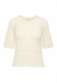 Haut à manches courtes en maille crème avec un motif en dentelle texturée, doté d'un ourlet festonné et d'un col rond. Matière légère et respirante.