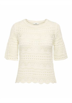 Top in maglia a maniche corte color crema con motivo in pizzo strutturato, orlo smerlato e scollo rotondo. Materiale leggero e traspirante.