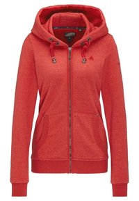 Rød zip-up hoodie med snoretræk i hætten, to frontlommer og ribbede manchetter. Blødt, struktureret stof med logo detaljer på ærmet.