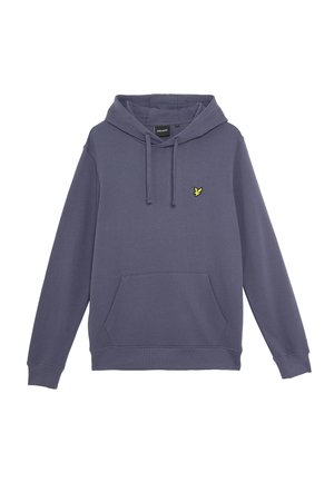 Paarse hoodie van zacht materiaal, voorzien van een voorzak in kangoeroestijl, een capuchon met trekkoord en een klein geel logo op de linkerborst.