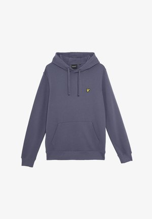 Paarse hoodie van zacht materiaal, voorzien van een voorzak in kangoeroestijl, een capuchon met trekkoord en een klein geel logo op de linkerborst.