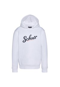 Biała bluza z kapturem wykonana z mieszanki bawełny, z kieszenią z przodu, kapturem ze sznurkiem oraz ukośnym logo 'Schott' w czerni z pomarańczowymi akcentami.