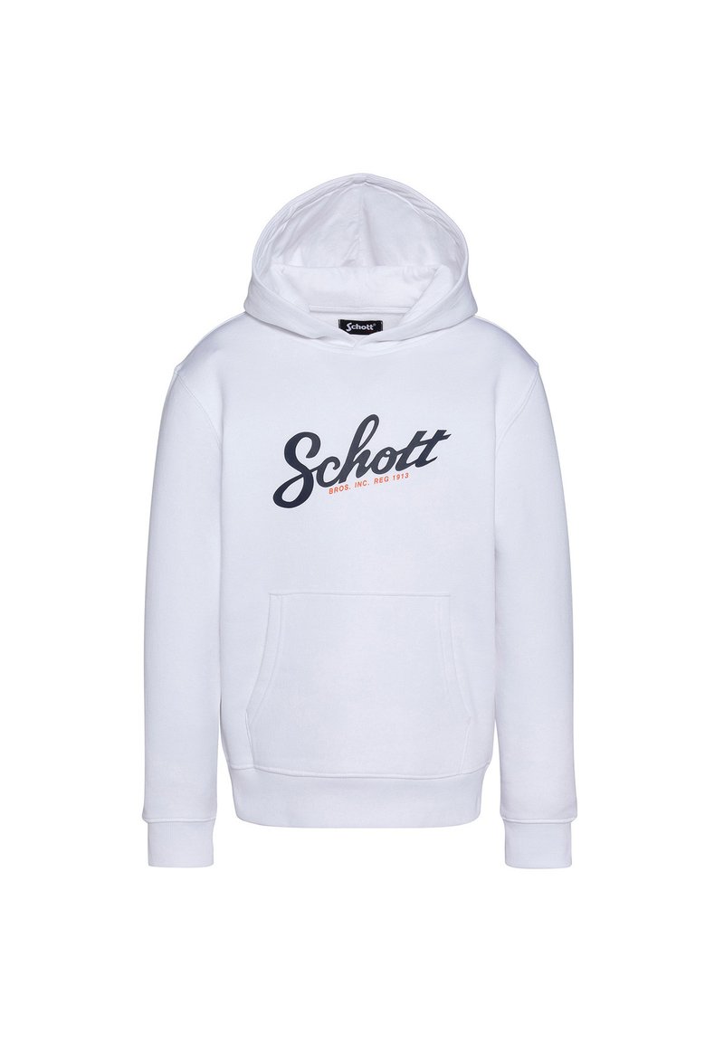 Biała bluza z kapturem wykonana z mieszanki bawełny, z kieszenią z przodu, kapturem ze sznurkiem oraz ukośnym logo 'Schott' w czerni z pomarańczowymi akcentami.