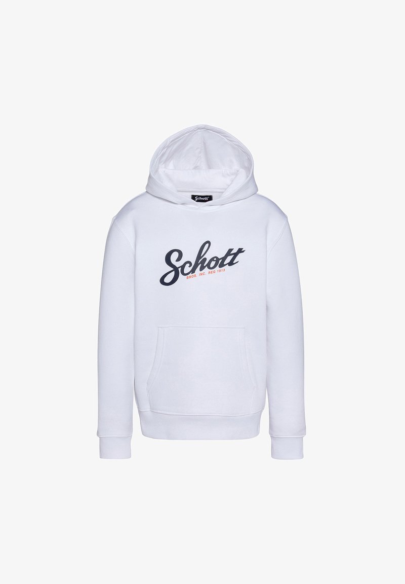 Biała bluza z kapturem wykonana z mieszanki bawełny, z kieszenią z przodu, kapturem ze sznurkiem oraz ukośnym logo 'Schott' w czerni z pomarańczowymi akcentami.