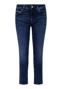 Mörkblå denimjeans med slim fit, medelhög midja, femficka-design och subtila sömnadsdetaljer. Slät textur, rak benstil.