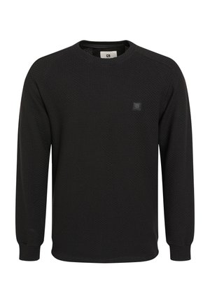 Schwarzes Langarm-Sweatshirt aus strukturiertem Material. Es hat einen runden Ausschnitt und ein kleines Markenlogo auf der Brust. Schlichtes und figurbetontes Design.
