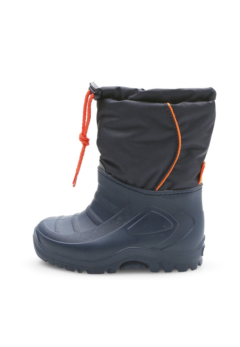 Vodoodporna temno modra snežna čevlja z teksturirano gumijasto podplatom, izoliranim tekstilnim delom, nastavljivo oranžno vezico in stranskimi detajli.