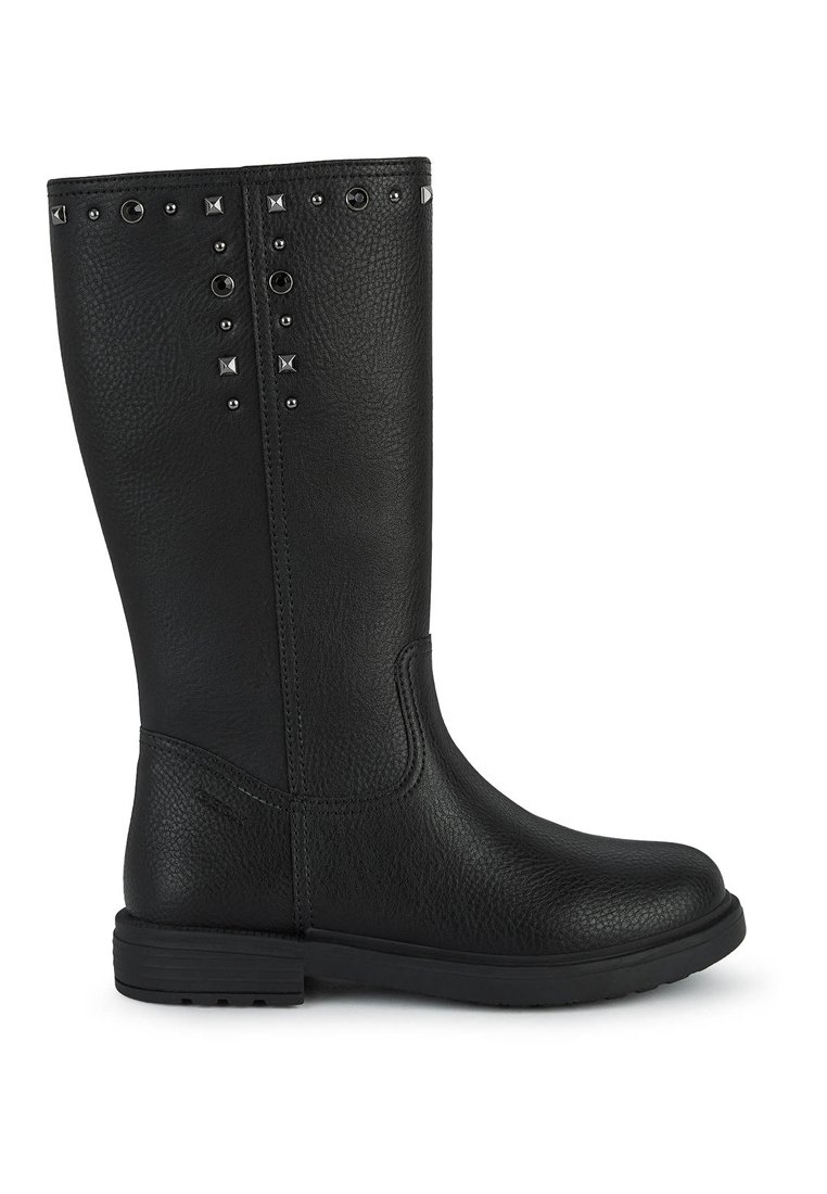 Stivale nero al ginocchio realizzato in pelle sintetica testurizzata; presenta borchie e rivetti argentati lungo il gambale; suola in gomma.