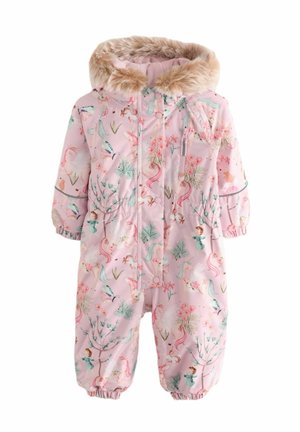 Pink babydragt med blomster- og enhjørningemønstre, elastiske manchetter, lynlås foran, trykknapper og hætte med pelsfor.