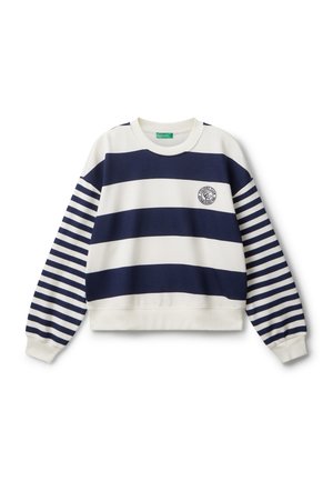 Marineblauwe en witte gestreepte sweatshirt met een ronde halslijn, lange mouwen en een logo patch op de borst. Zachte stof, relaxed fit.