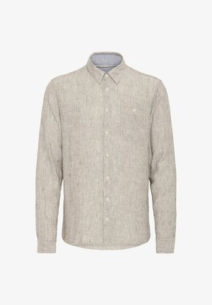 Garā piedurkne krekls, kas izgatavots no teksturēta auduma, ar pārmaiņus plāniem svītrām gaiši pelēkā un tumšākā pelēkā krāsā, ar pogu aizjaku un krūšu kabatu.