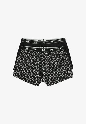 Dos pares de bóxers negros para hombre, uno liso negro y otro con un patrón de diamantes blancos, ambos con cintura elástica con marca.